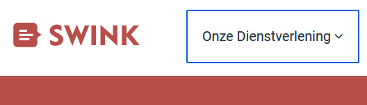 The text “Onze Dienstverlening” has focus in the main navigation of the Swink site.
