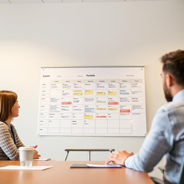Twee mensen kijken naar een whiteboard met een weekplanning.