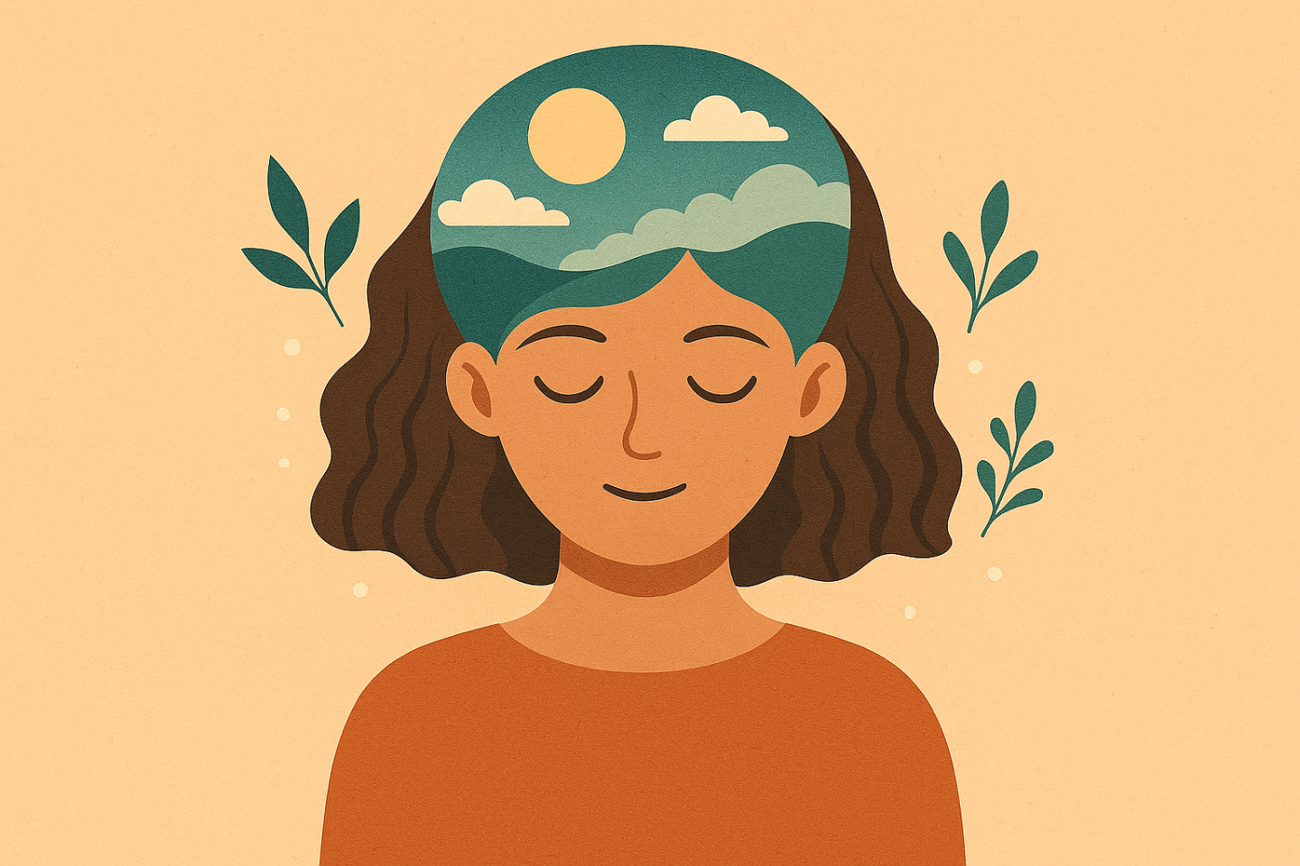 Drawing of a woman with her eyes closed and a peaceful landscape in her mind.