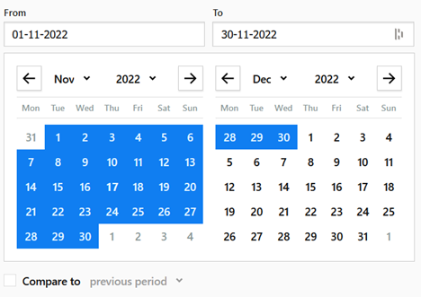 Screenshot van de kalender met als ingestelde periode 1 november 2022 t/m 30 november 2022.