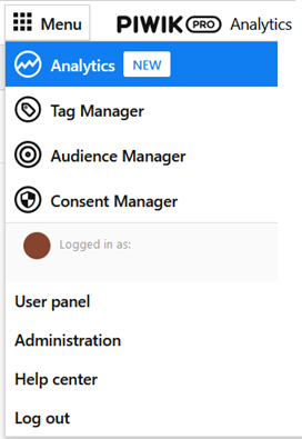 Screenshot van het Menu in Piwik PRO met de in de tekst genoemde opties.