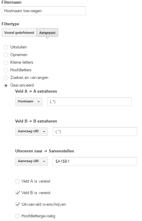 Screenshot van regex hostnaam filter in Google Analytics