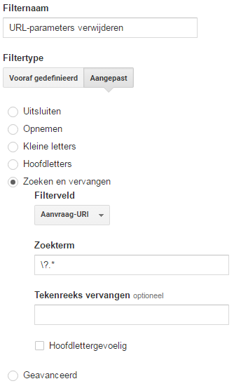 Screenshot van reguliere expressies url-parameter filter in Google Analytics