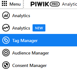 Menu van Piwik Pro met lijst van vijf items, het derde item is Tag Manager.