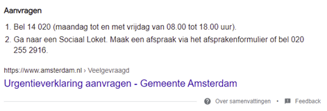 Screenshot van het Google zoekresultaat voor "hoe urgentieverklaring huurwoning aanvragen". De stappen voor de aanvraag worden weergegeven.